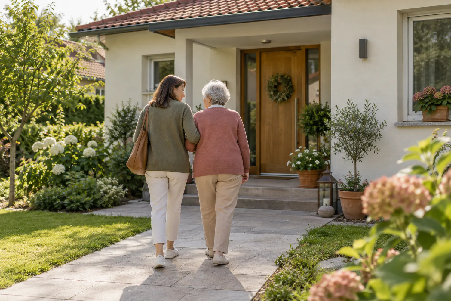 Ältere Frau geht mit ihrer Tochter auf ein Haus mit Garten zu